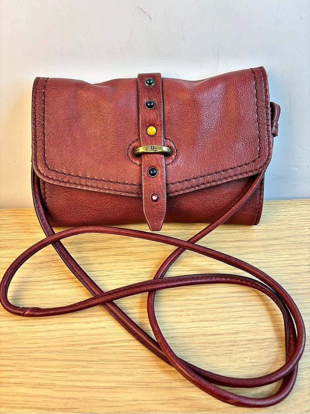 Frye Alessi Studded Dark Red Leather Wallet Crossbody Bag